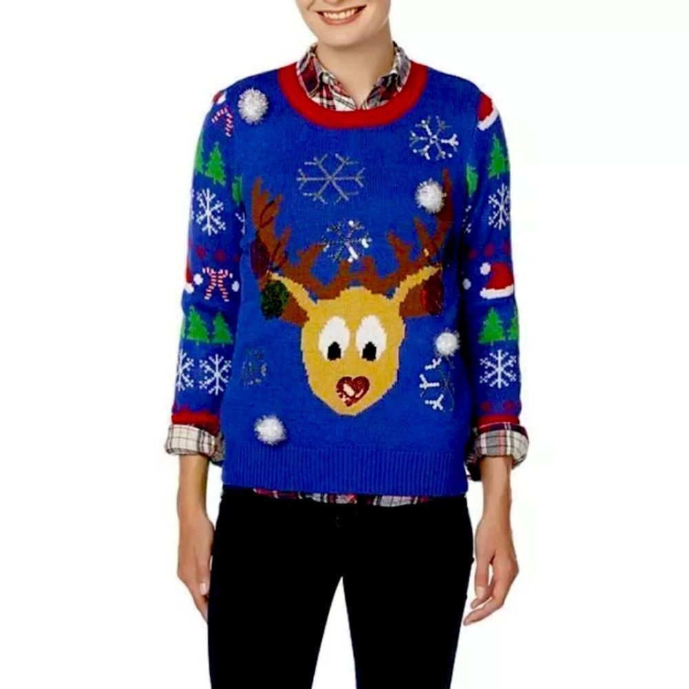 BONGO Y2K Christmas Sweater with Reindeer Pom-Poms & Sequins Size Small